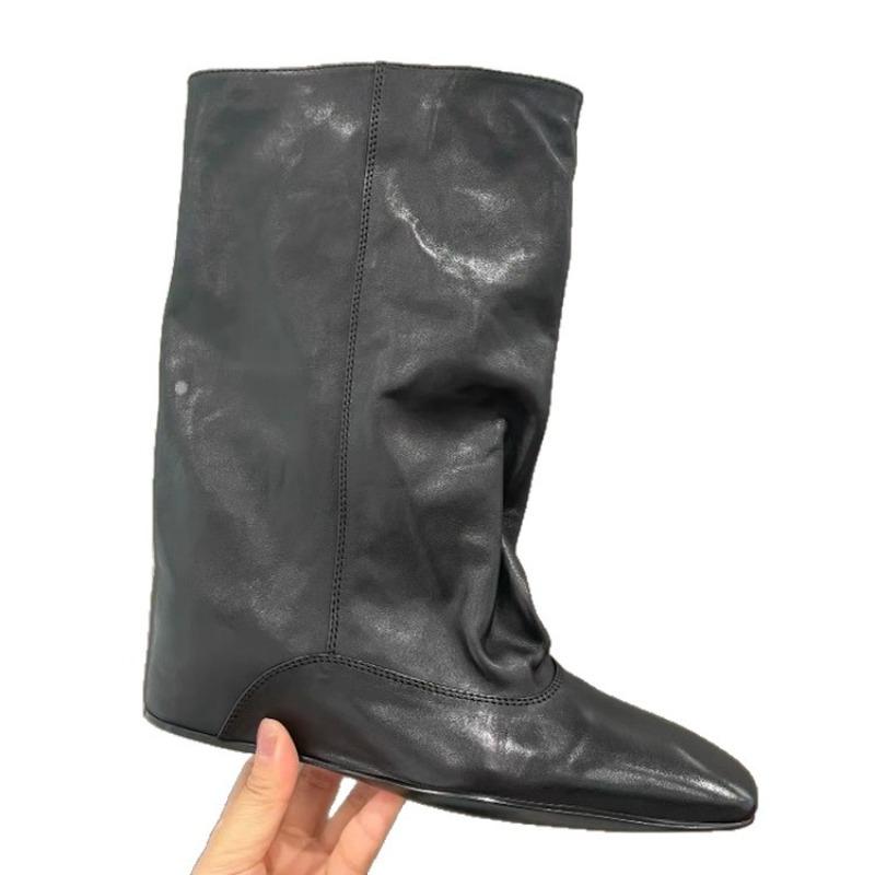 New Retro Square-toed Mid-calf Boots, Women's Shoes and Sleeve Boots for Autumn and Winter