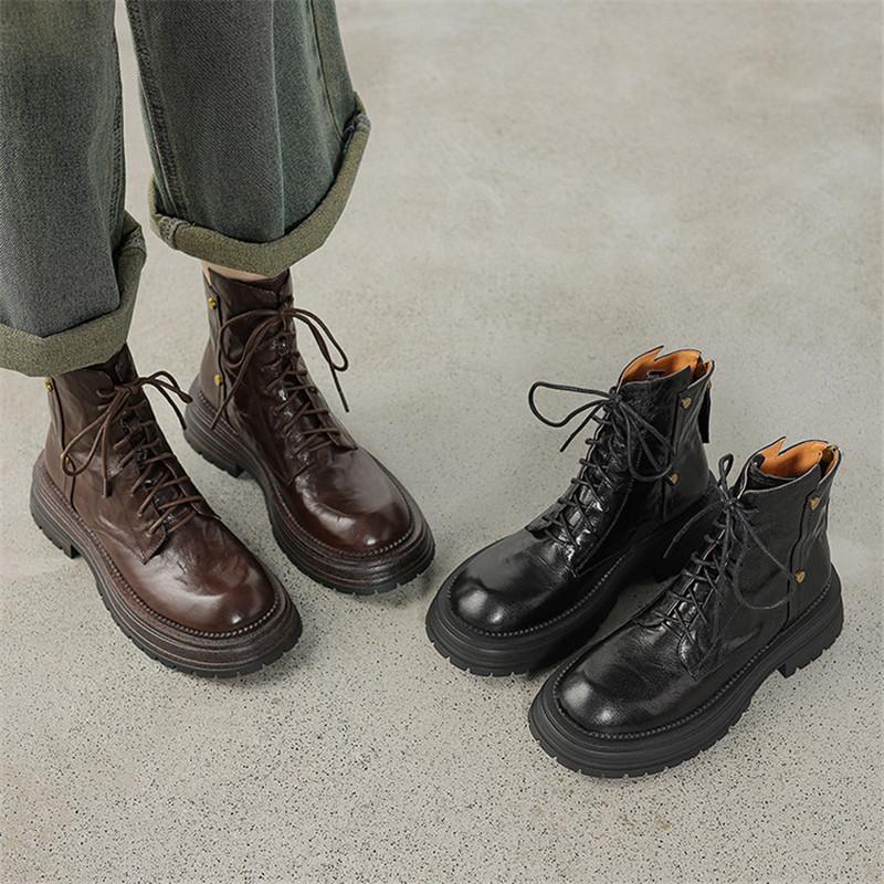 Fashion New Autumn/winter Genuine Leather Women Boots Round Toe Shoes for Women Fashion Boots Women Mid Heels Lace Platform Boots