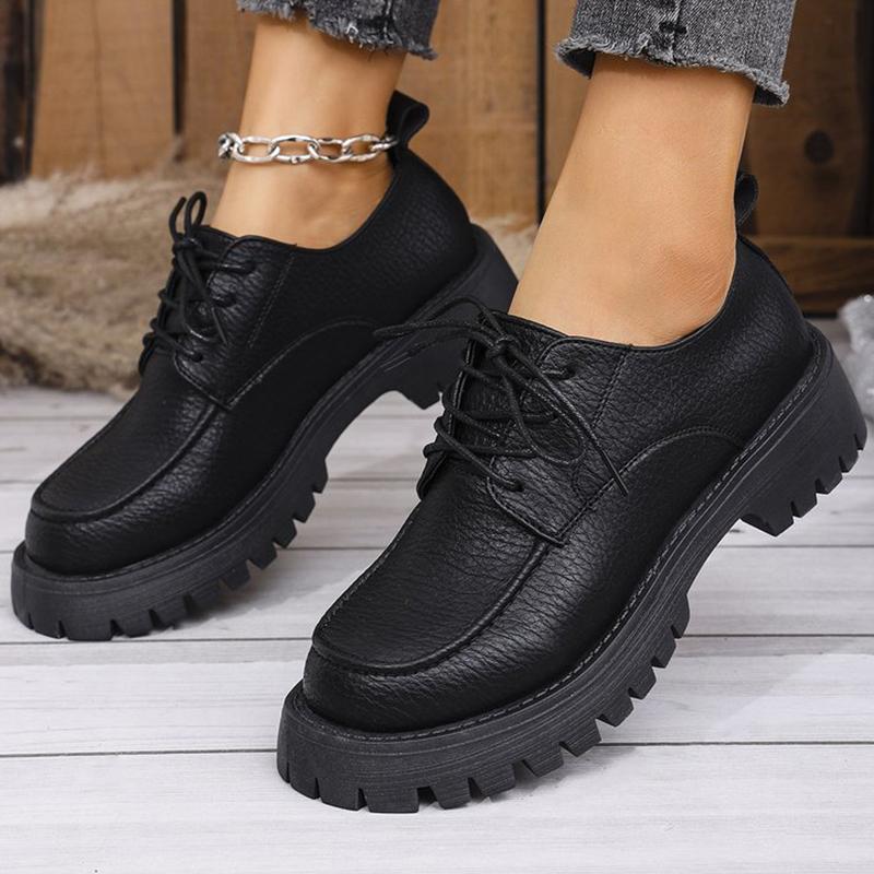 Fashion Black Brown Pu Leather Loafers Shoes for Women Plus Size Platform Casual Shoes Woman Classic Lace Up Wear Resistant Shoes Ladies