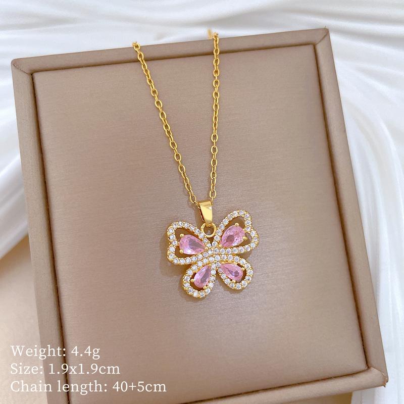Titanium Steel, Empty Pink Butterfly Light Luxury Temperament Gorgeous Full Diamond Necklace Women'S Versatile Collarbone Chain Titanium Steel Chain
