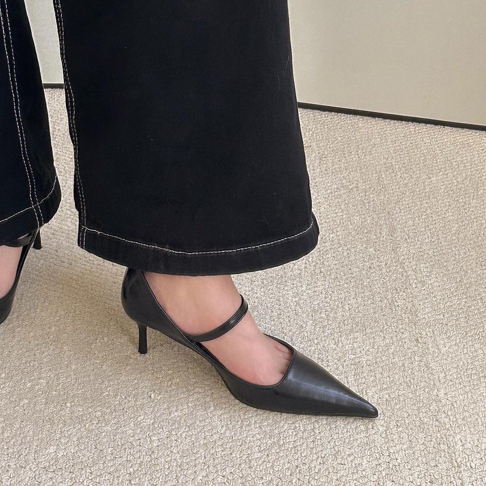 2025 spring new one-word with stiletto single shoes pointed black high heels femininity advanced not tired feet