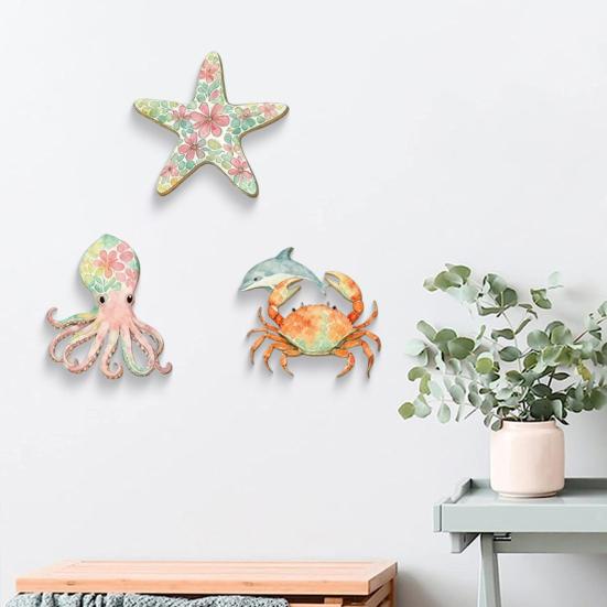 3 Pezzi Decorazioni da Parete in Legno per Spiaggia, Stella Marina Polpo Granchio Balena Nautica Costiera Vintage Wall Art, Ornamenti Vita Marina Oceano per Bagno, Soggiorno,