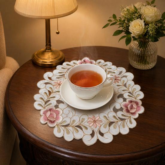 Embroidered Flower Placemat, Round Floral Coaster Placemat, Heat Resistant Table Protector Mat for Dining Table Cup Vase Wedding Party Decoration