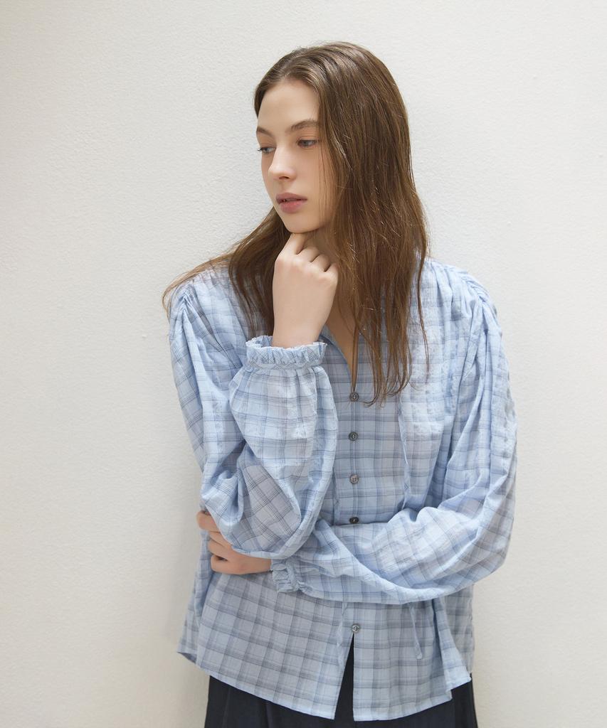 Oteumilkape Check Frill Tie Blouse - Sky Blue