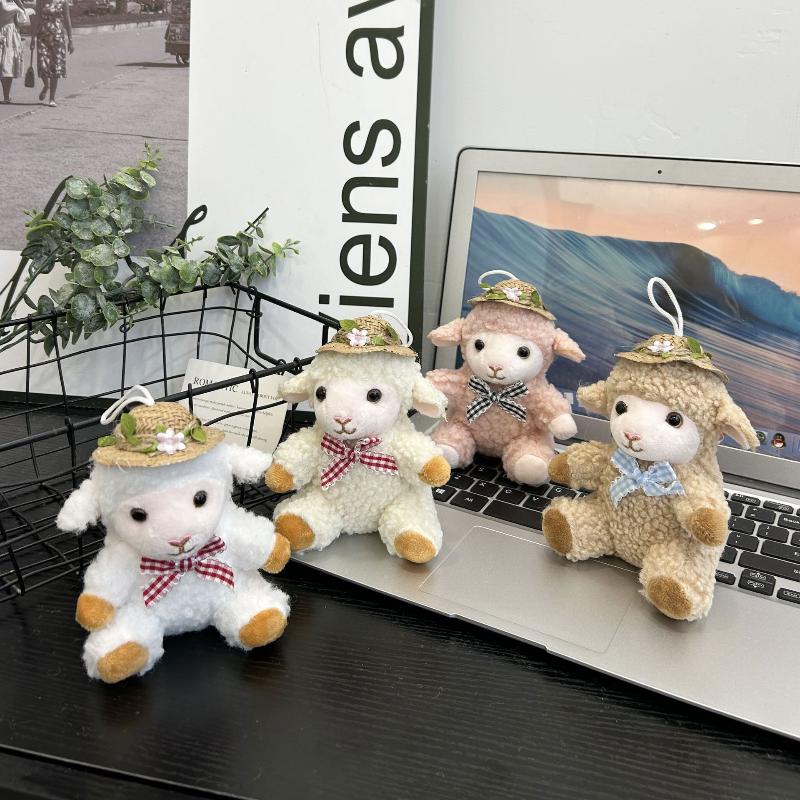 Cute Soft Plush Sheep Keychain Fluffy Straw Hat Plaid Bow 1Pcs Portable Key Ornament for Travel Backpack Decor