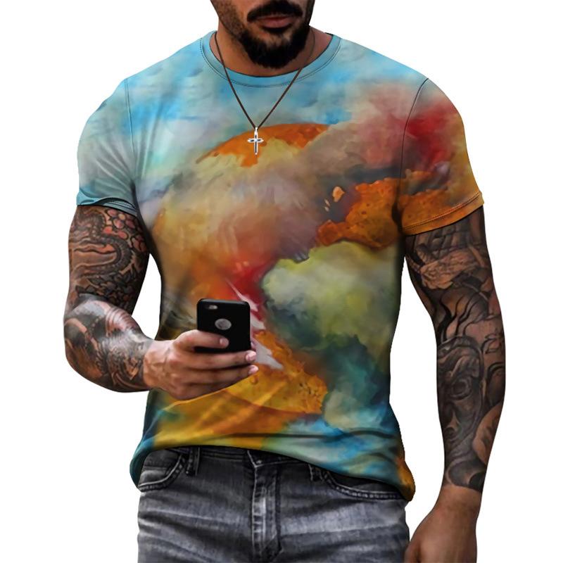 Summer Round Neck 3D Vibrant Ethnic Print Top Fashionable Casual Short Sleeved Men's T-shirts