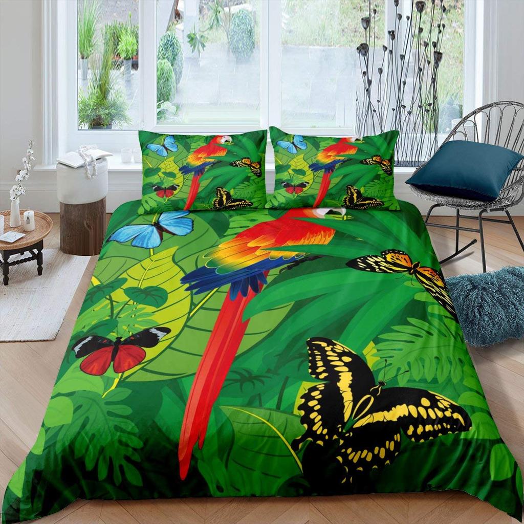 Parrot King Queen Duvet Cover Colourful Feather Bedding Set Rain Trees Bird Quilt Cover Sunset Mountain Natural Comforter Cover
