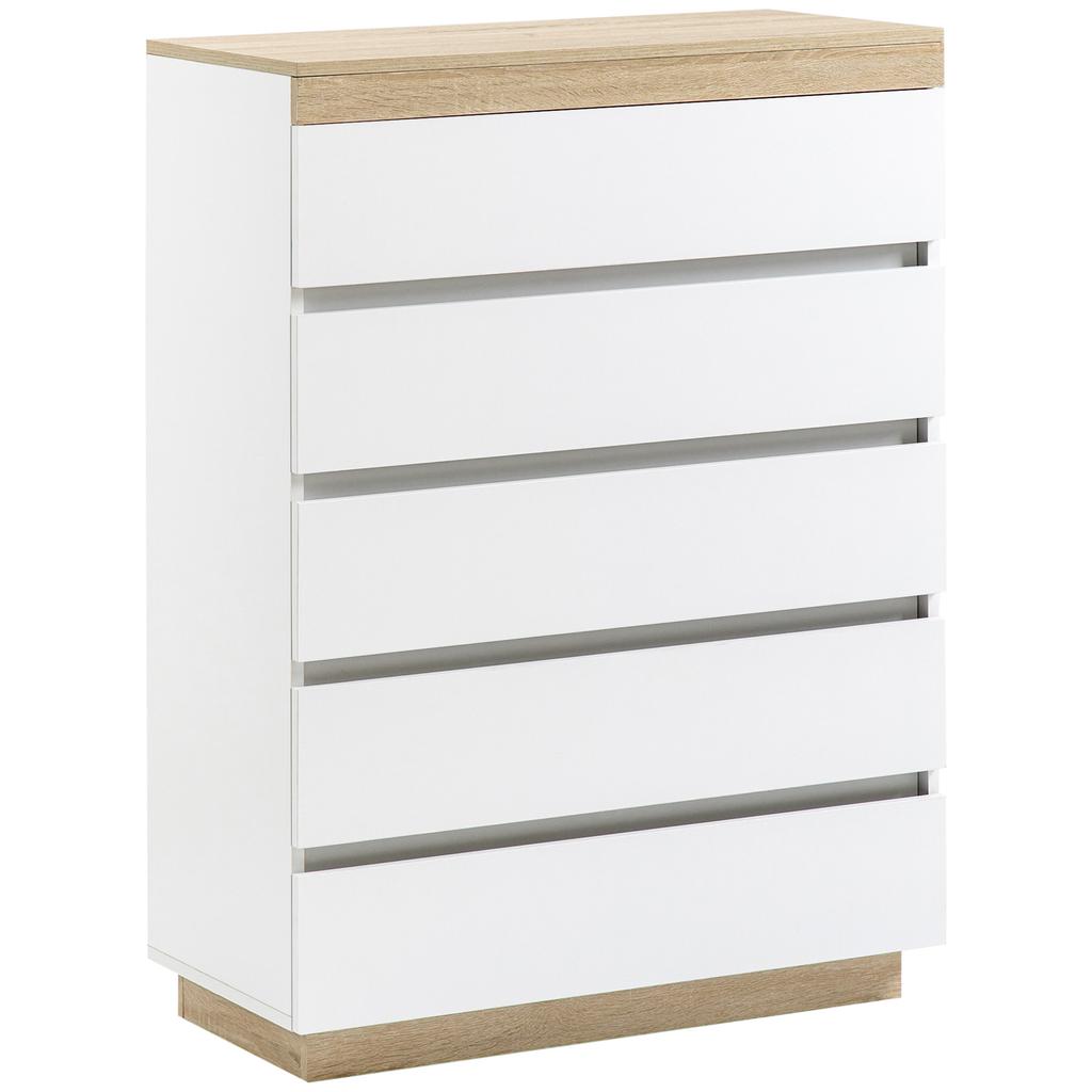 Chest of 5 Drawers Minimal in Wood, 80x40x109 cm, White and Oak Color