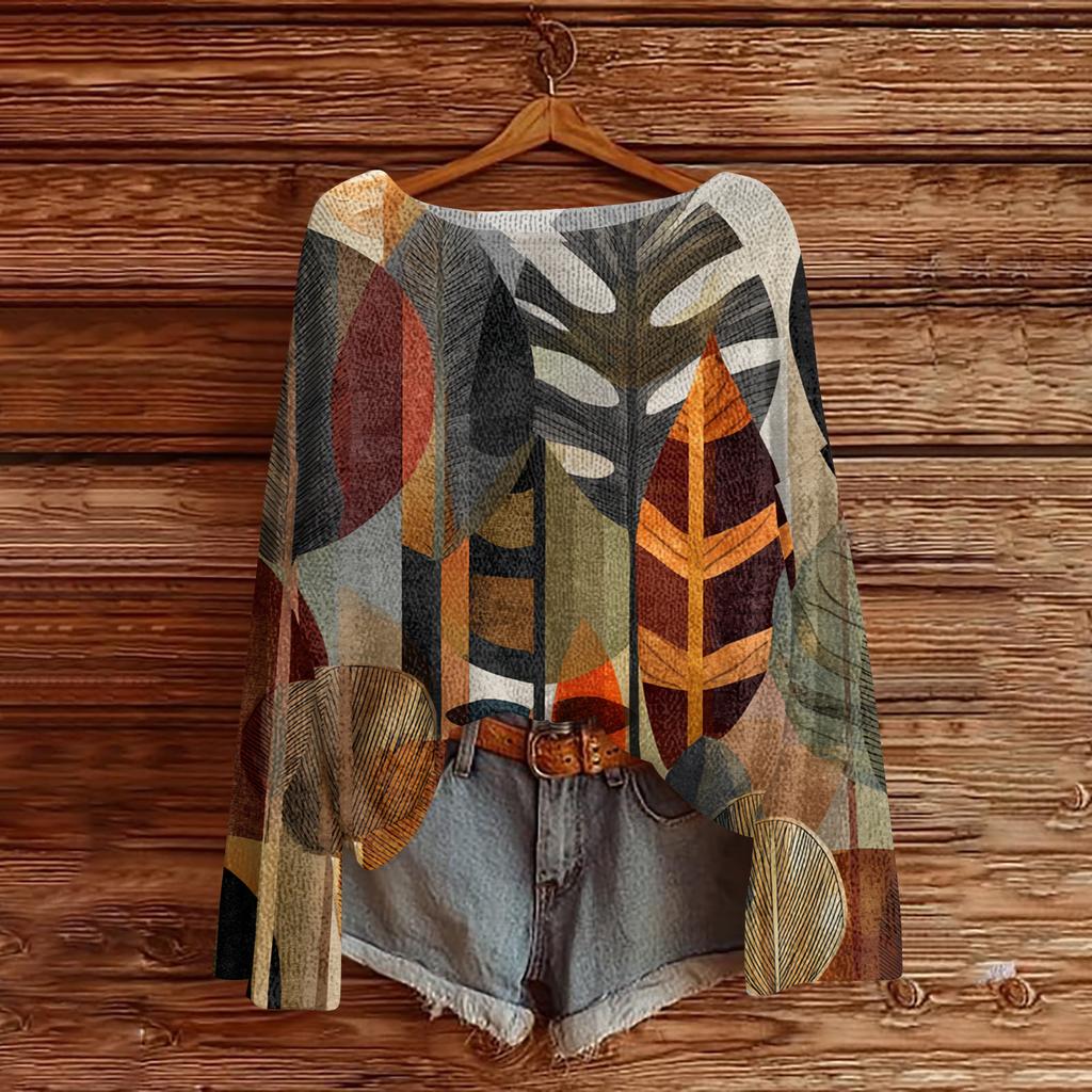 Women's Lightweight Sweater Casual Long Sleeve Knitted Vintage Floral Print Pullover