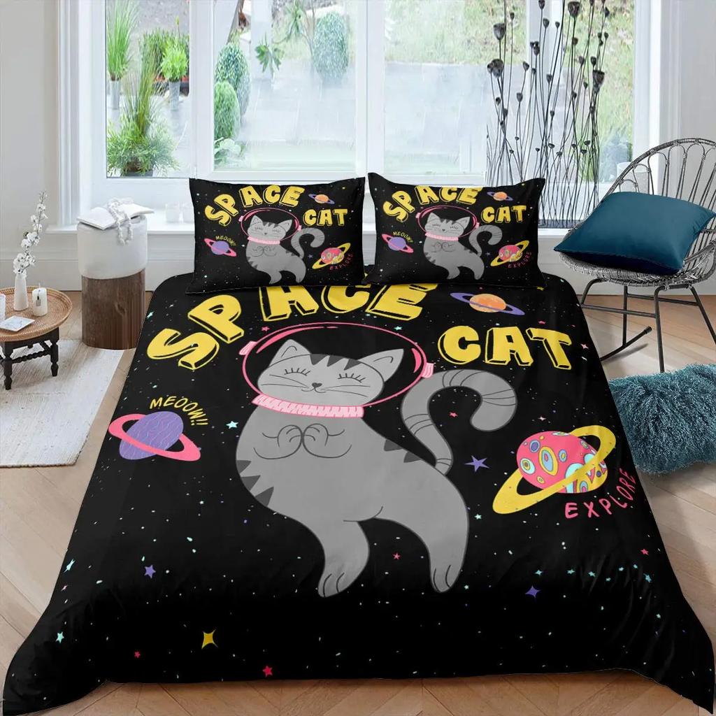Galaxy Cat Duvet Cover Universe Galaxy for Kids Boy Girl Cute Kitten Printed Outer Space Planets Quilt Cover Bedroom Decorations