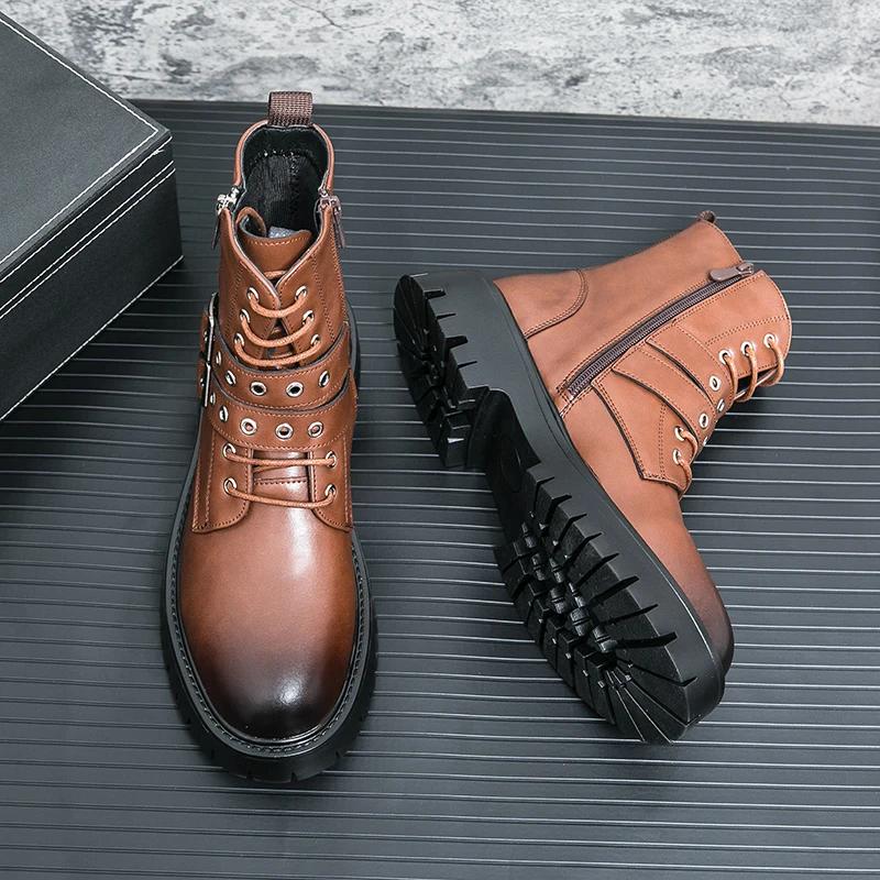 New Black Motorcycle Boots for Men Brown  Lace-up  Round Toe Platform Short Boots Western Boots  Size 38-45