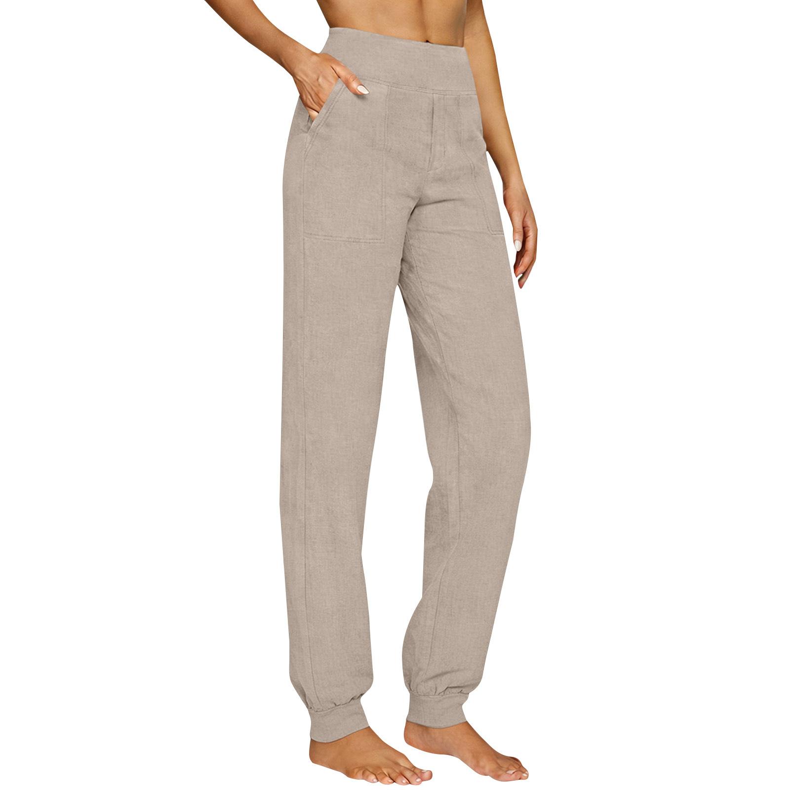 Women s Fashionable High-Waisted Elastic-Waist -Color Cotton-Linen Casual Pants S