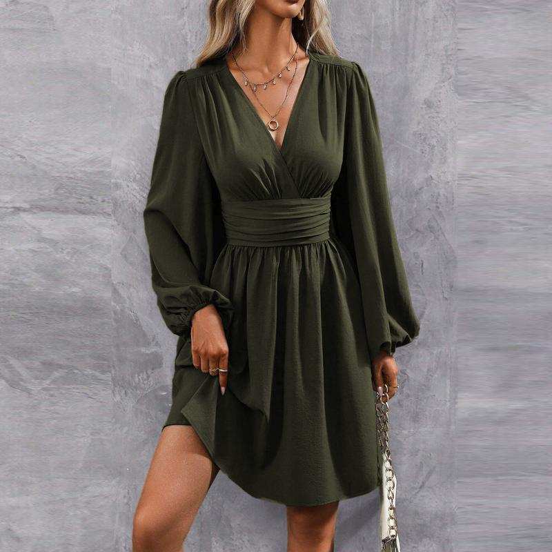 Spring Summer Women's Dress Solid Color Chest Wrapping V-Neck Lantern Sleeve Dress Women's Clothing