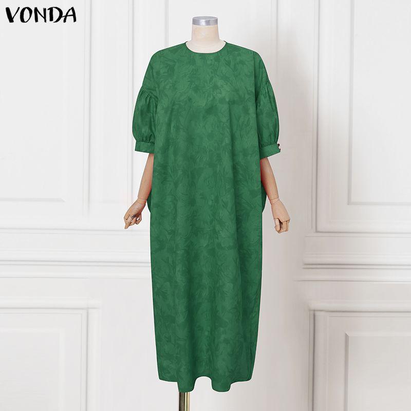VONDA Overszied Women Batwing Sleeve Floral Print Loose Casual Long Maxi Robe Dress