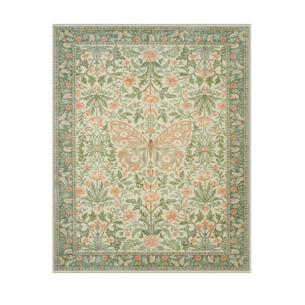 Tappeto Rosa Floreale con Farfalle Vintage Estetica Floreale Gotico Riccamente Decorato Arredamento Casa Tappeto Soggiorno Antiscivolo Lavabile Tappetino Boho per Pavimento