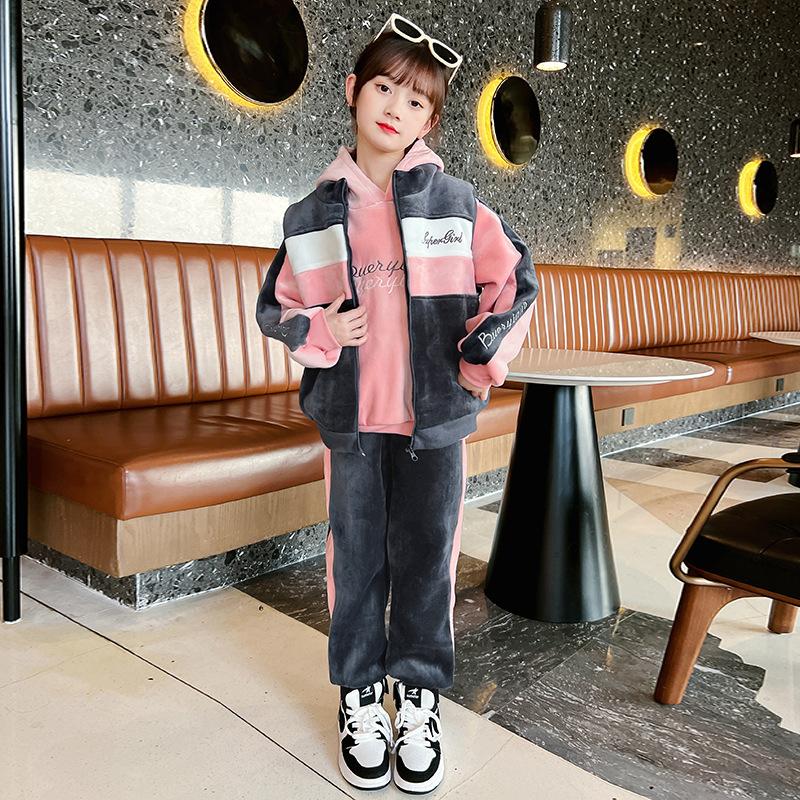 Mädchen Winter Sweatshirt Hose Herbst und Winter Kinder Verdickter Anzug Weste Dreiteiliger Anzug