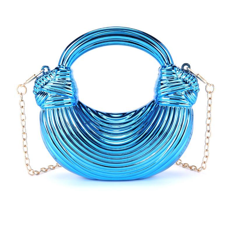 Metallic Crescent Clutch Bag Shiny Striped Design Detachable Chain Strap for Women Evening Wedding Cocktail Party