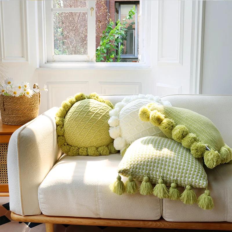 Home Decoration Knitting Cushion Cover Mint Green Tassel Pillowcover Modern Sofa Living Room Waist Pillow Bed Head Round Pillow