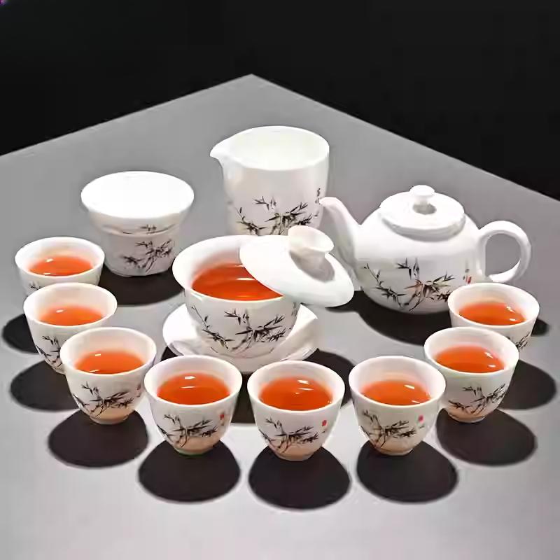 Goat Jade Tea Set Kung Fu Set Chinese Light Luxury Tea Calendars Teacups Office White Porcelain Teapot Covered Bowl Set