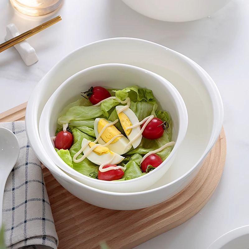 High-Quality White Bone China Double Ear Noodle Bowl – Stylish, High-Temperature Resistant, Deep Plate for Young People