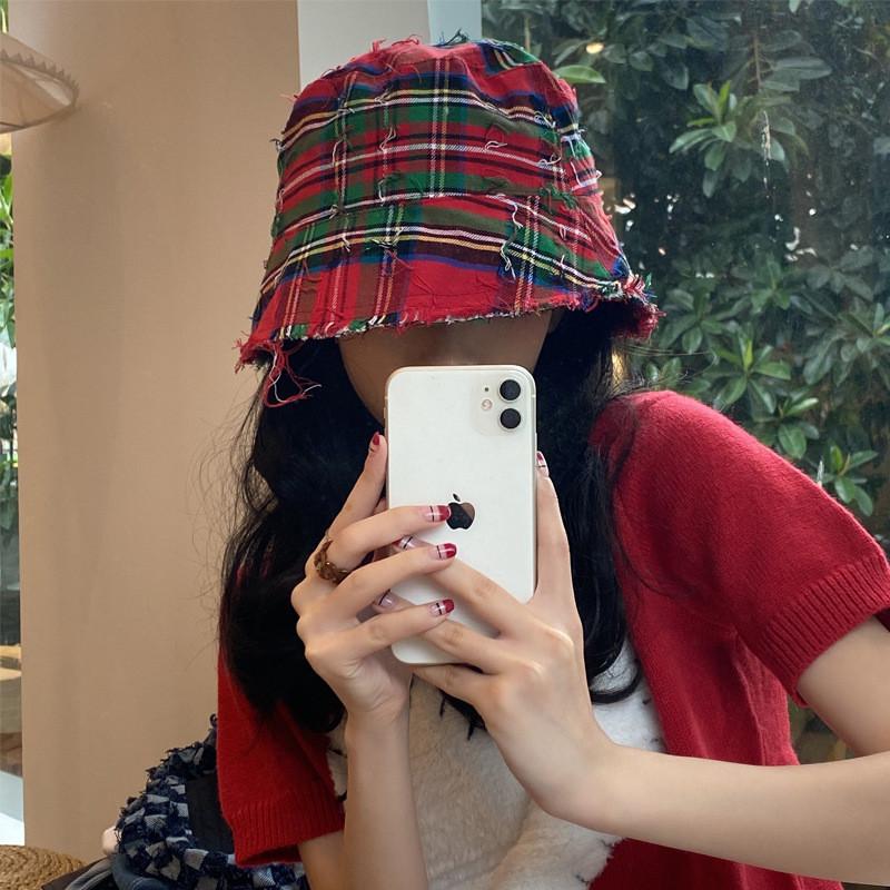 Chic Red Plaid Bucket Hat For Women Vintage Style Sun Protection Breathable Cotton