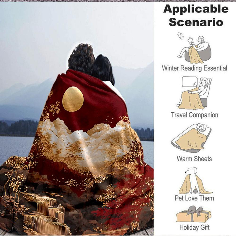 1pc Chinese Style Landscape Blanket, Lightweight Flannel Throw Blanket for Sofa, Bed, Travel, Camping, Living Room, Office, Couch040