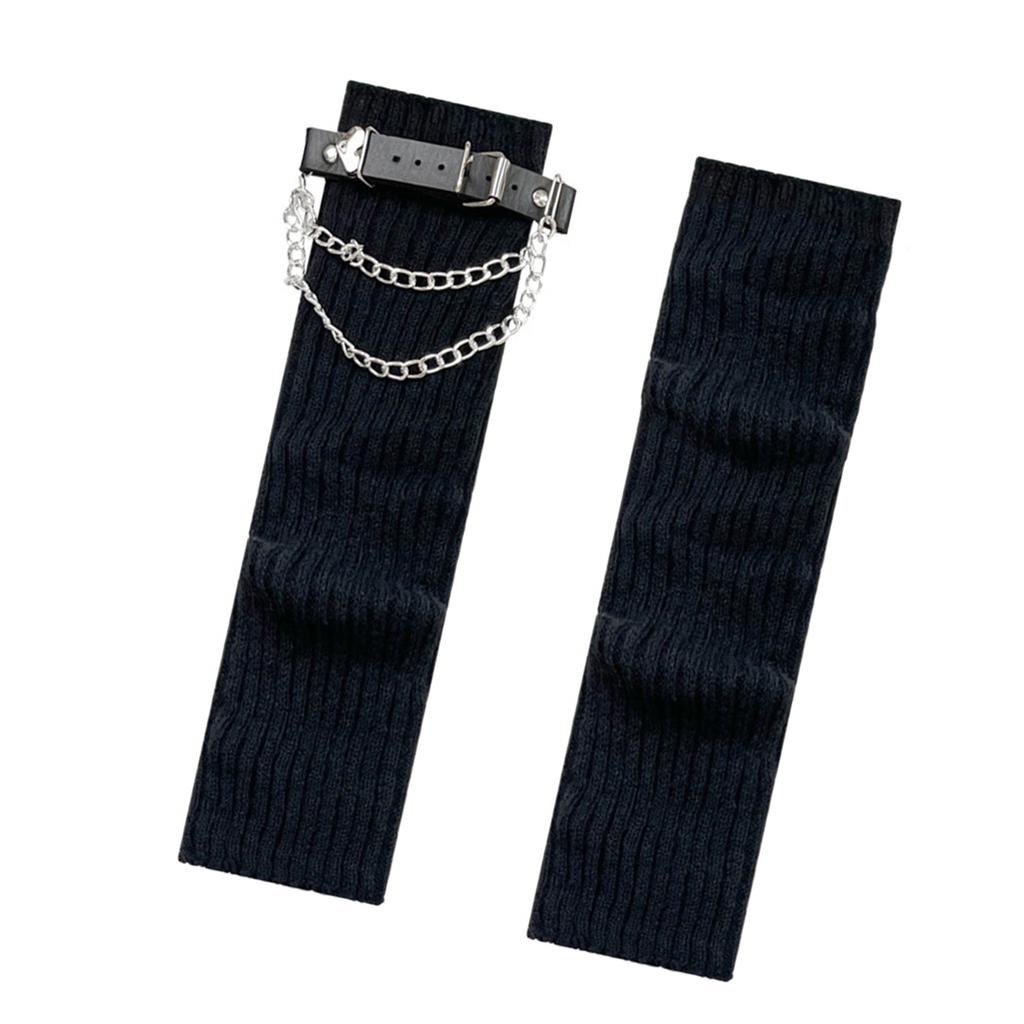 Gothic Punk Leg Warmers Boot Toppers with Heart Chain Leather Belt Ribbed Knit Leg Covers Footless Socks for Women Girls