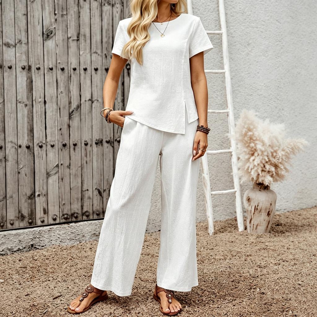 Women's Casual Two Piece Set Loose Fit Pullover Short Sleeve Top and Wide Leg Pants Lounge Wear Set for Daily Use