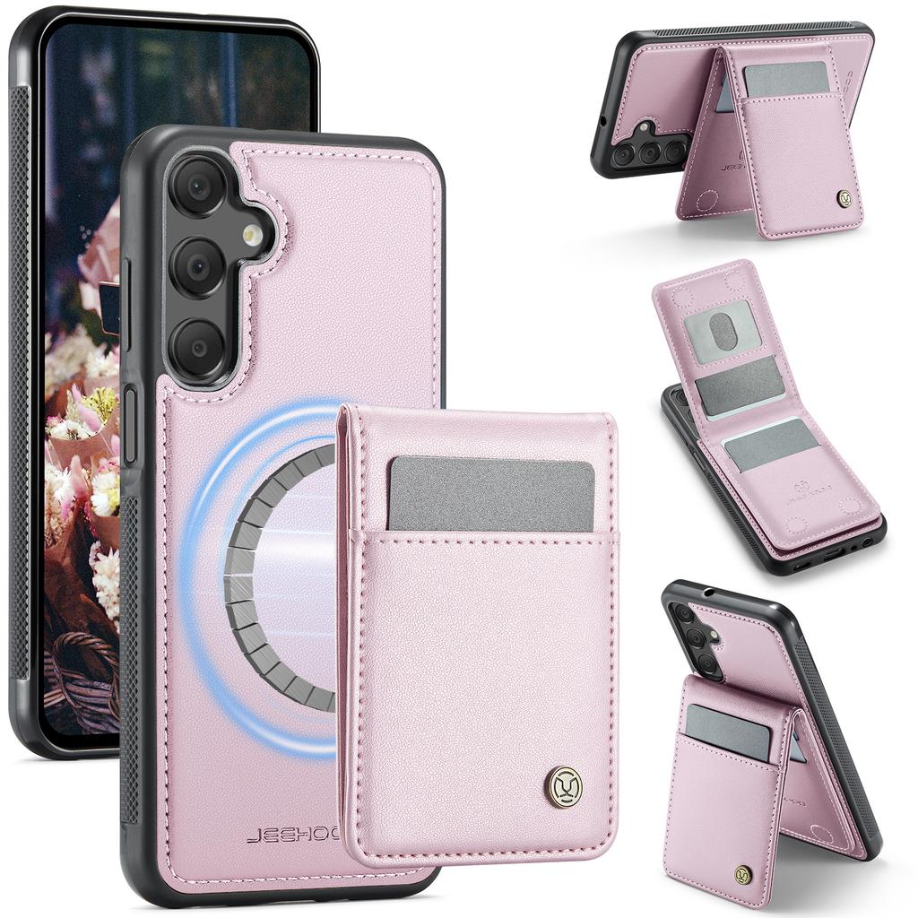 For Samsung Galaxy A15 5G/Galaxy A15 4G Leather Back Cover Compatible with MagSafe JEEHOOD J06 Phone Case with Card Bag RFID Blocking
