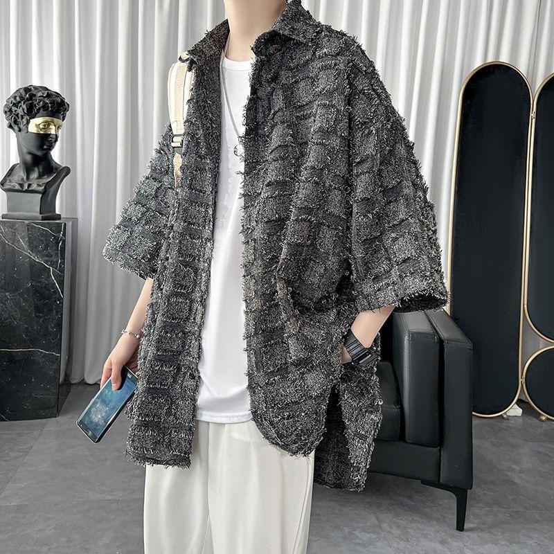 Summer Fashion Polo-neck Vintage Plaid Tassel Printing Shirt Male Half Sleeve Loose Casual Harajuku Y2K Cardigan Top Men Blouse