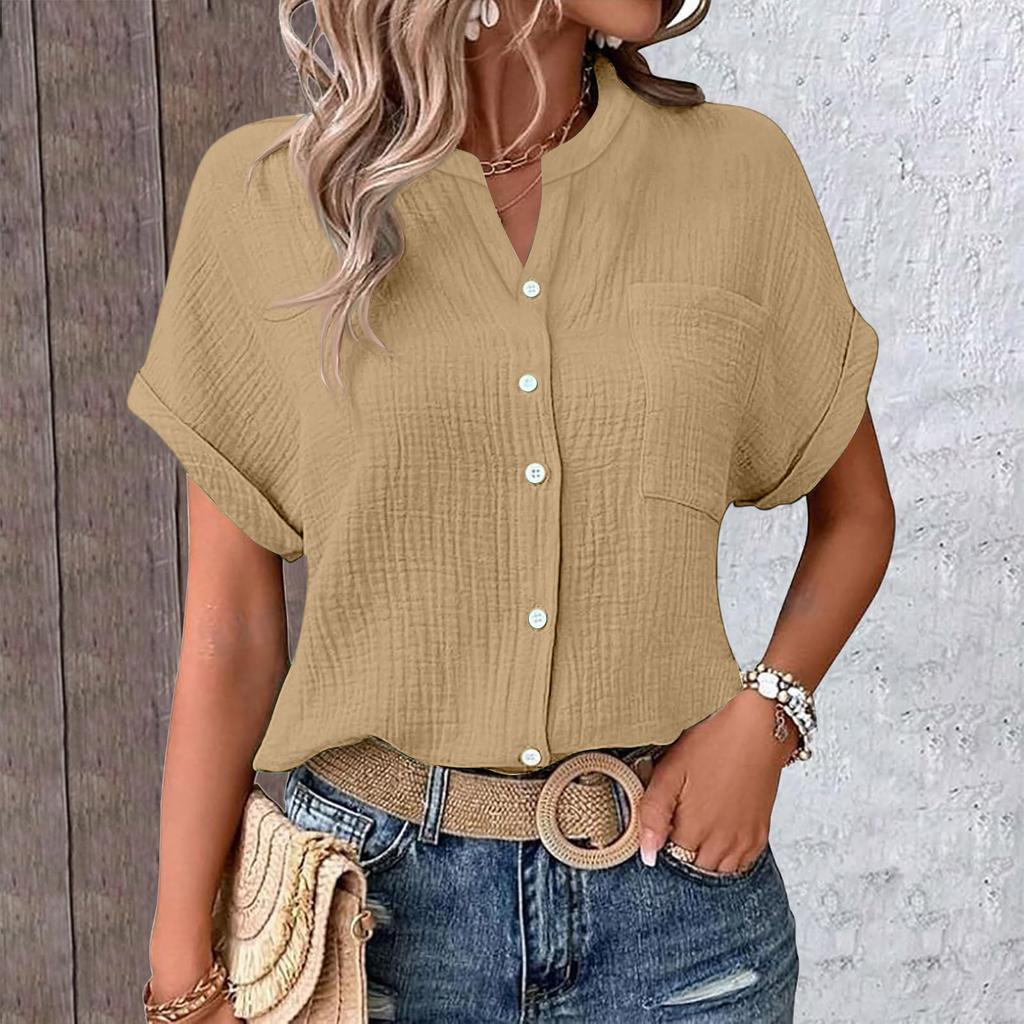 Women's Color Shirt Casual Short Sleeved Button Up Shirt For Women