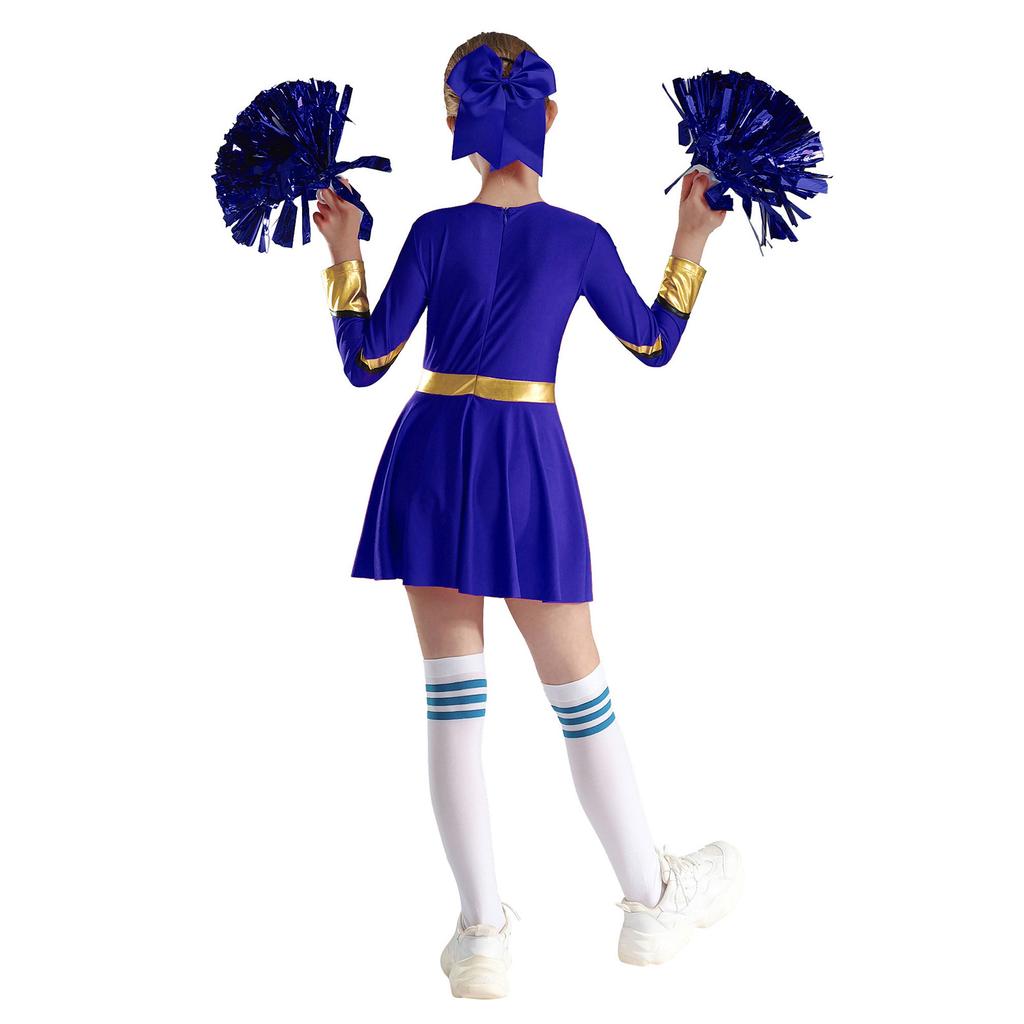 Girls Long Sleeve Cheerleading Costume Sparkly Rhinestones Letter Design Metallic Dress Hand Flowers Set
