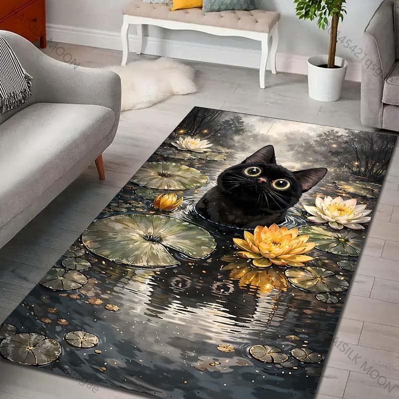

Multiple sizes Black cat in lotus pond Print Carpet Rug for Living Room Bedroom Sofa Doormat Home Decor Non-slip Floor Mat 40cm x 60cm