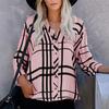 Camicia Blusa Camicie Top Casual da Donna Larghe con Revers a Maniche Lunghe e Stampa a Quadri