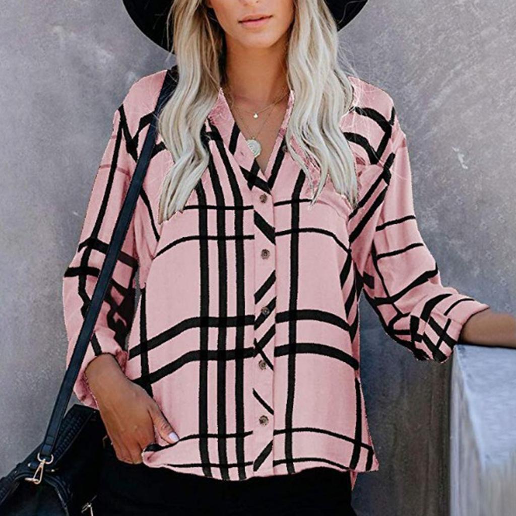 Camicia Blusa Camicie Top Casual da Donna Larghe con Revers a Maniche Lunghe e Stampa a Quadri