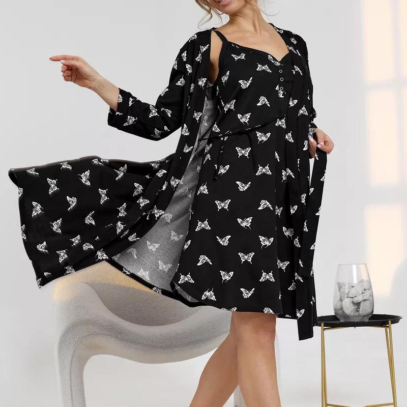 2026 Autumn & Winter Women V-Neck Printed Dress, Sexy Loungewear, 2-Piece Sleepdress & Robe Set S