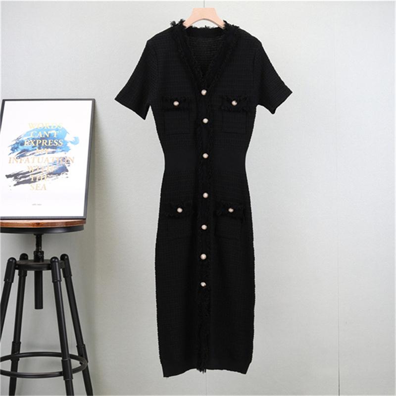 Summer women's knitted short sleeved dress Solid color temperament shows slimming mid length skirt