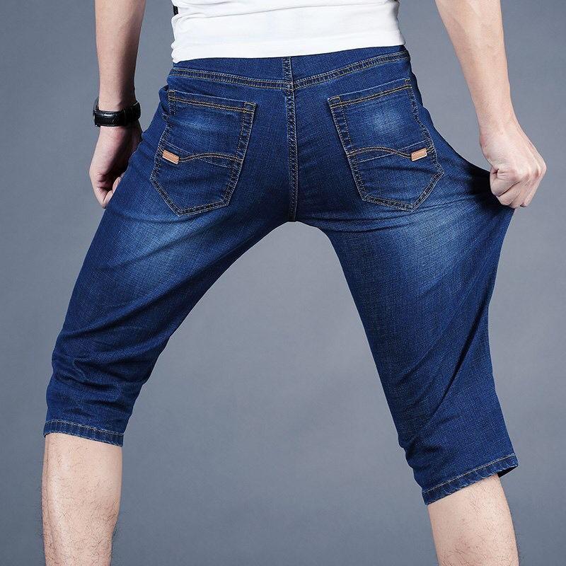 Elastic Denim Shorts for Casual Men Loose Fitting Straight Leg Mid Length Pants