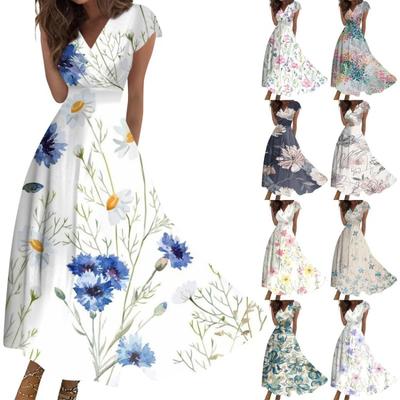 Summer Women Casual Long Dress V Neck Short Sleeve Waist Retraction Printed Flowy Dress
