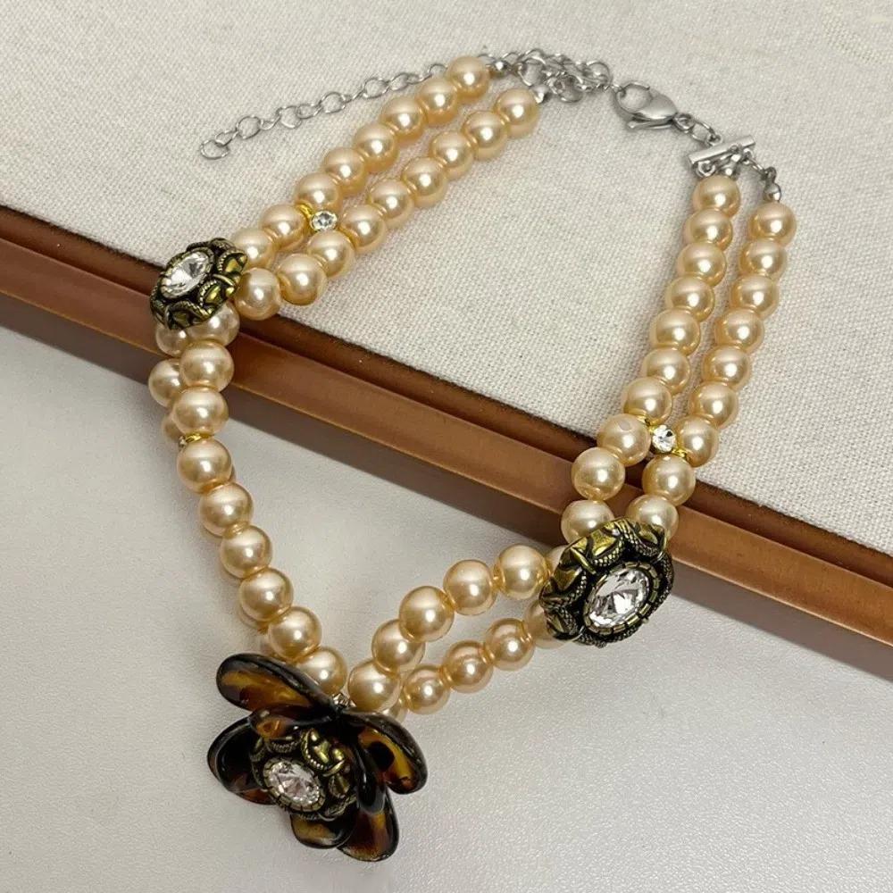 Rhinestone Pearl Beaded Choker Leopard Clavicle Chain Sweet Flower Heart Necklace  Women