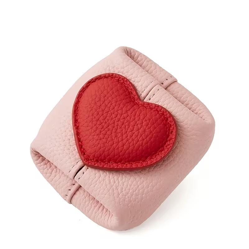 

Heart-Shaped Genuine Leather Mini Storage Bag Snap Closure Mini Storage Pouch Portable Earphone Coin Purse Multi-color Small Bag светло-розовый