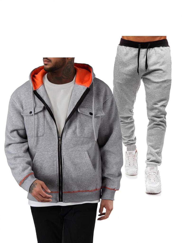 Men's 220g Pullover Hoodie Sweatshirt with Double Pockets and Zip-Up Cardigan Sports Casual Set