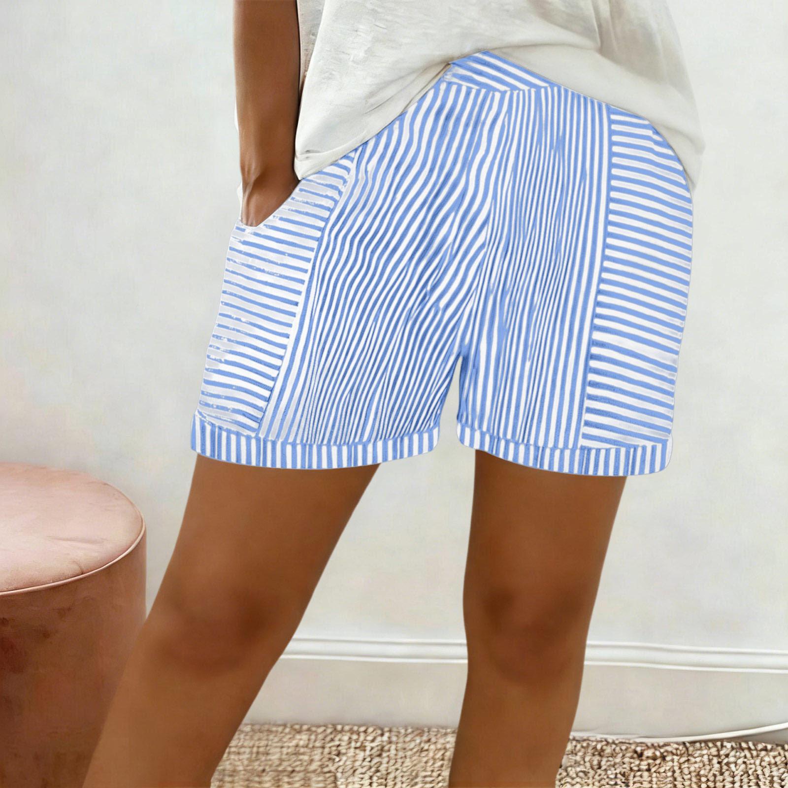 

Women’s Casual Striped Print Shorts with Elastic Waistband and Side Pockets Relaxed Fit Lightweight Fabric for Daily Wear S синий