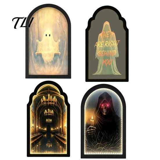 Lighted Wall Decor Light Up Ghost Mirror, Arched Wooden Frame Ghost/Grim Reaper Halloween Creepy Desktop Mirror Soft Ambient Decorative for