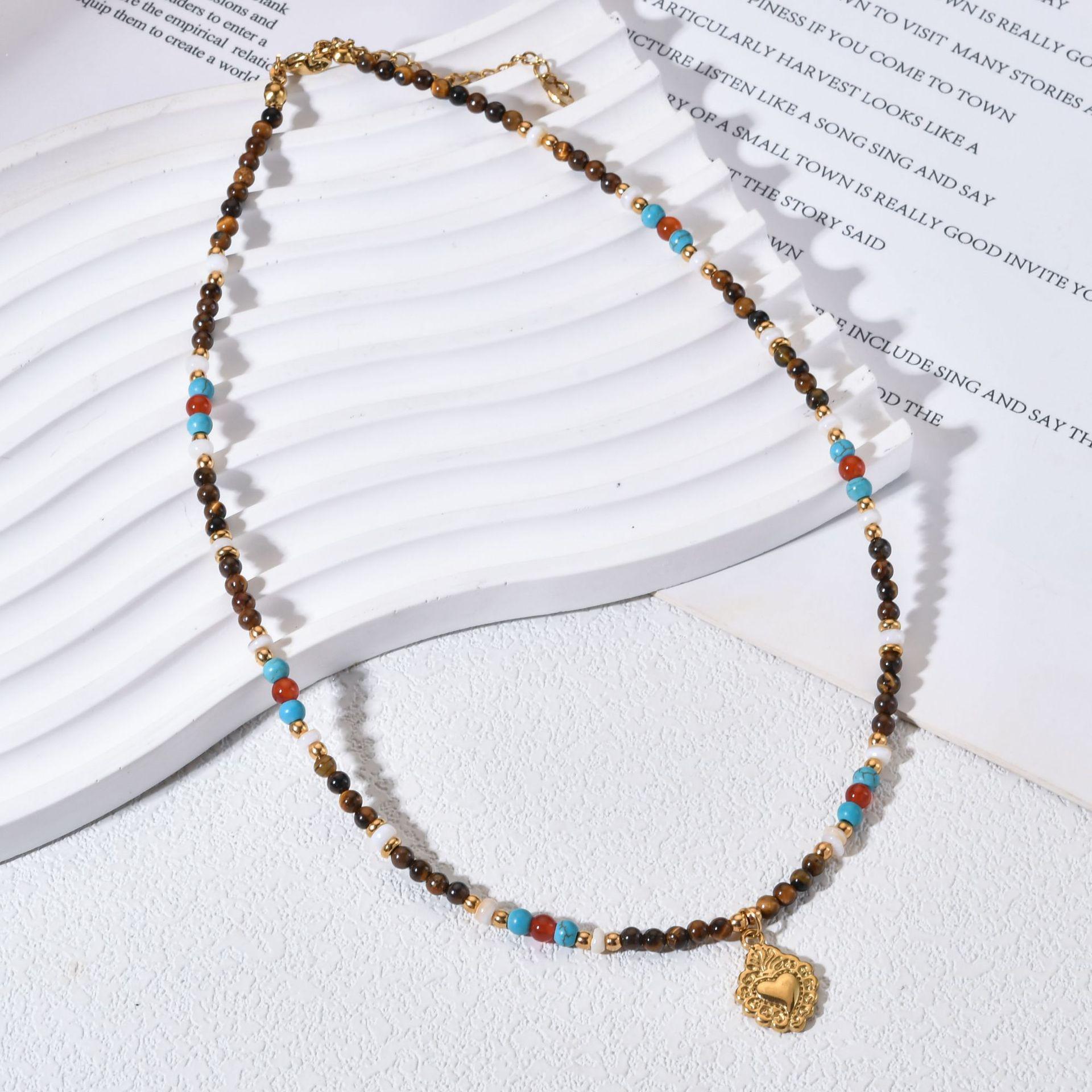 Retro Tiger Eye Agate Necklace: Niche Design with Stainless Steel Pendant & Beaded Clavicle Chain for Women