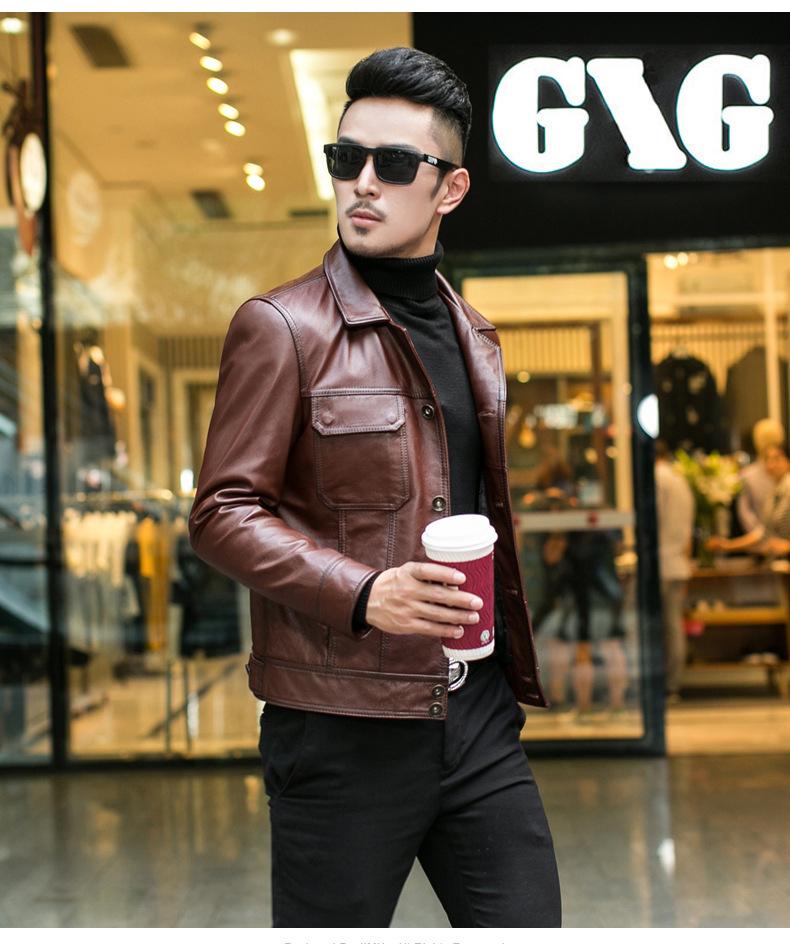 Autumn Leather Leather Jacket Men's First Layer Calfskin Motorcycle Clothing Leather Jacket Short Casual Trendy Coat