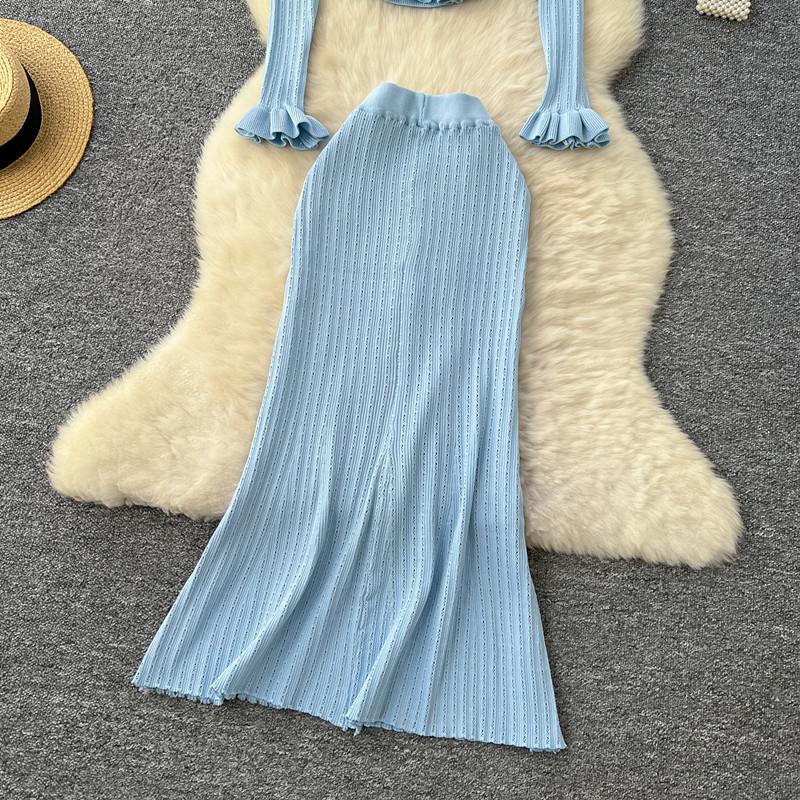 Dvoudílný business set dámské outfity tunika s dlouhým rukávem zkrácený kardigan sukně s vysokým pasem bodycon rybí ocas oblek módní pletený svetrový oblek