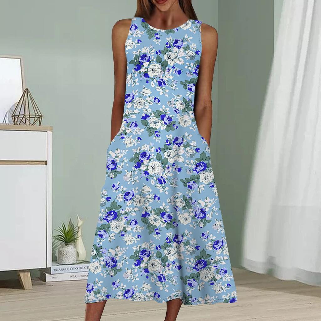 

Летнее модное сексуальное платье без рукавов, мягкое повседневное платье с принтом в виде двух цветов розы, платье без рукавов на бретельках 8XL синий