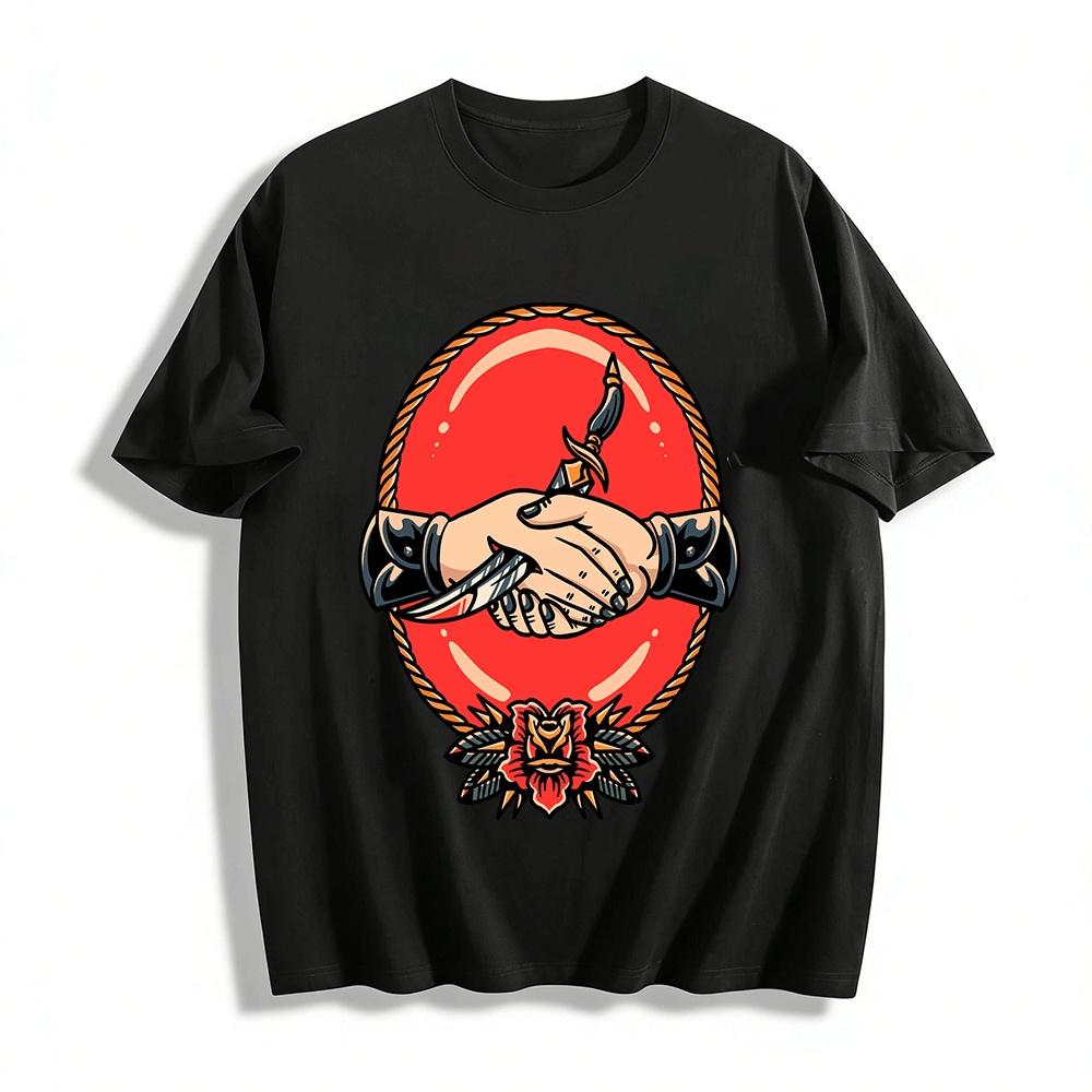

Vintage Betrayal Handshake Print Tee Street Trendy Niche Crewneck Top Pure cotton T-shirt XXS