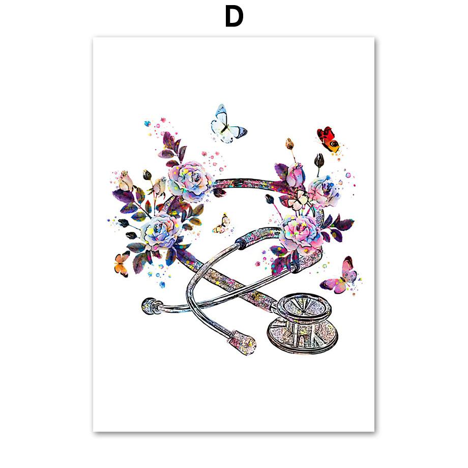 

Акварельные цветочные анатомические плакаты и принты, физиология, шприц, стетоскоп, сердце, легкие, настенная живопись на холсте, декор для комнаты 40X60cm No Framed